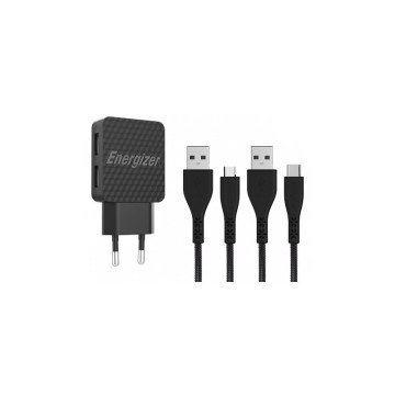 Chargeur secteur Energizer 2.4A 2 Port USB + Câble Type C + Cable Micro-Usb